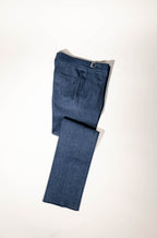 Osman Abdul Razak menswear – Denim Madras Trouser with soft pleat, relaxed leg, and centre crease