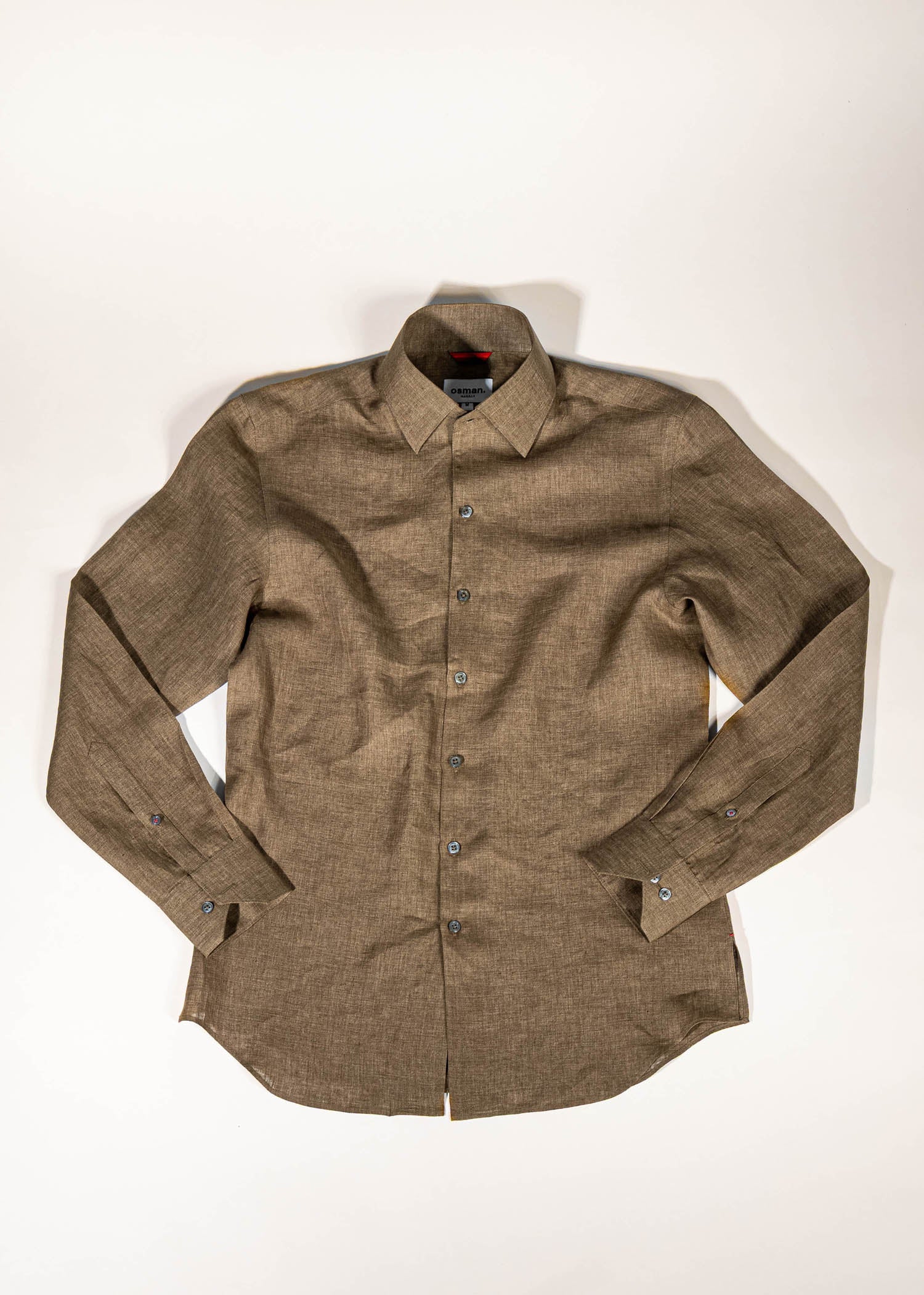 Osman Abdul Razak menswear – Olive Capri Shirt in airy linen with rollover collar and kurta-style cuffs