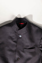 Osman Abdul Razak menswear Gala Jacket in bitter chocolate brown with rounded collar and arrowhead cuffs