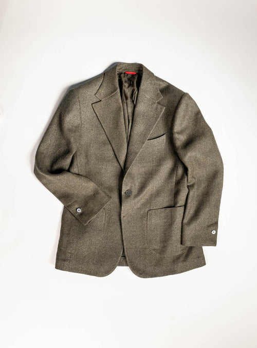 Osman Abdul Razak menswear three button jacket in olive herringbone with broad notch lapels