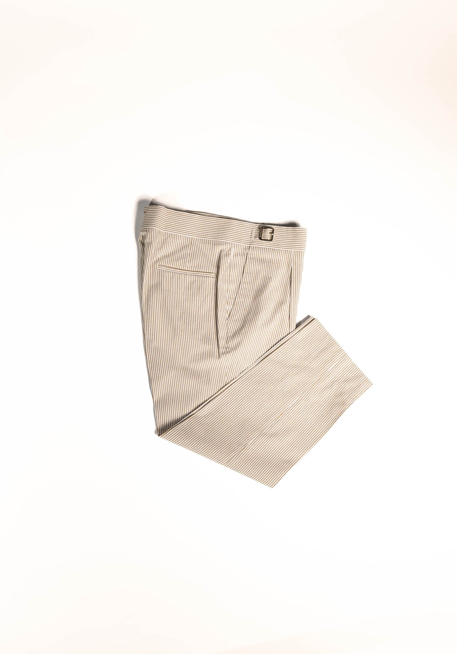 Osman Abdul Razak menswear – Beige Stripe Ghurkha Trouser in textured seersucker with tonal pinstripe