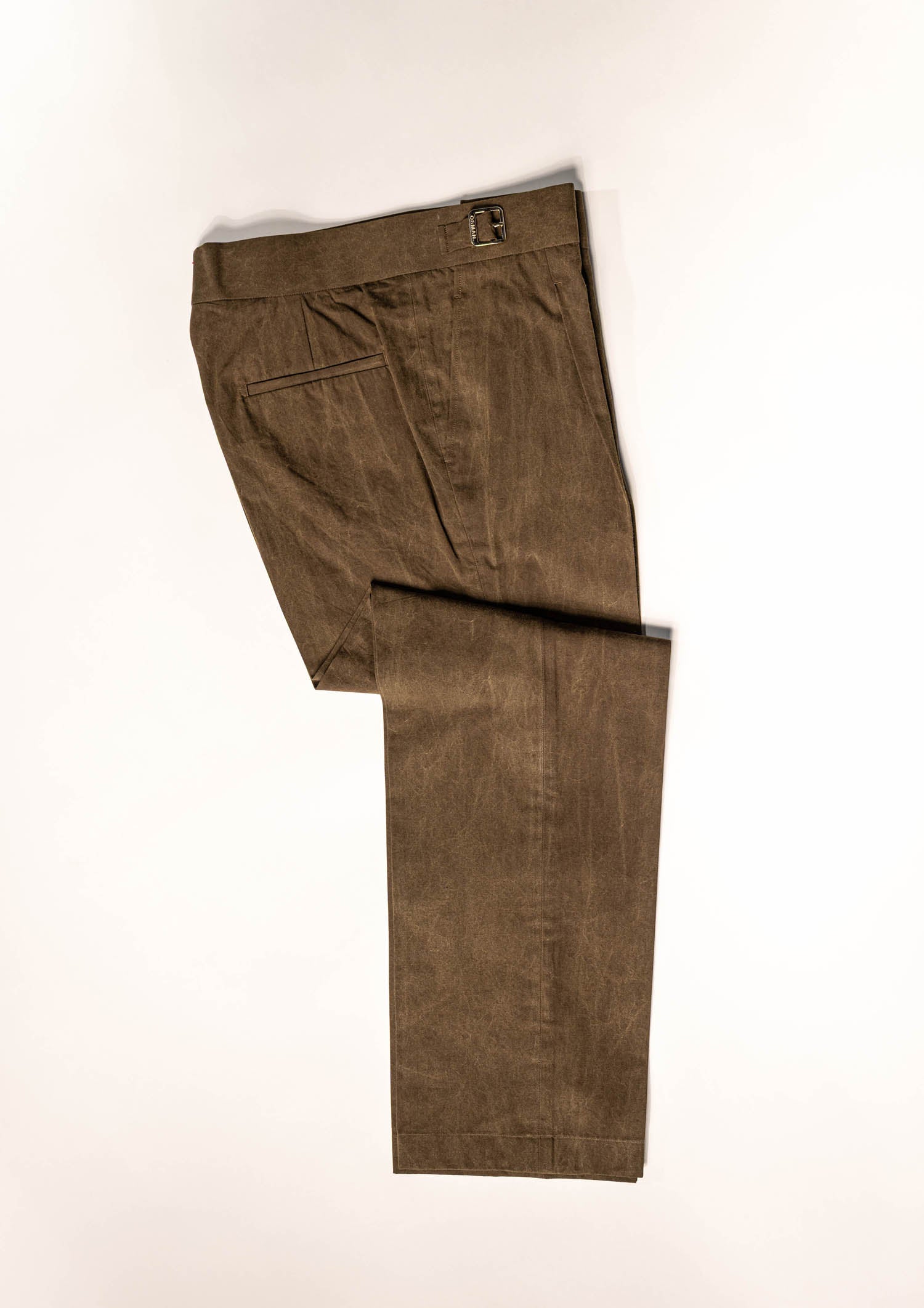 Osman Abdul Razak menswear – Olive Ghurkha Trouser with structured waistband and single-buckle closure