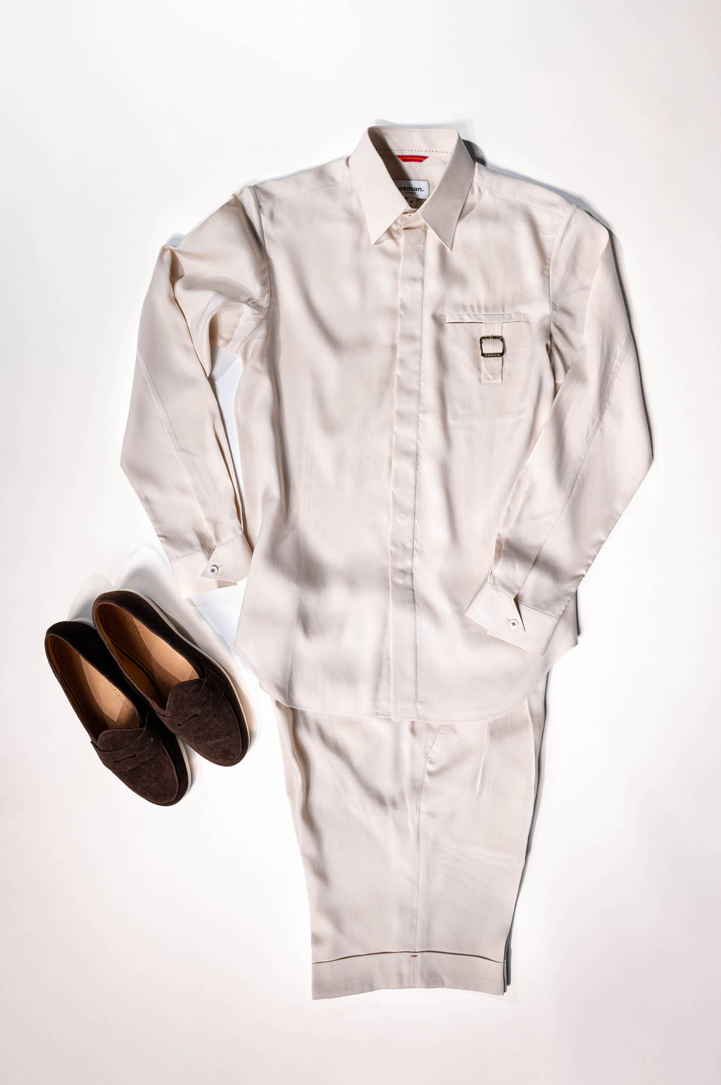 Refined menswear by Osman Abdul Razak – co-ord set featuring Tab Shirt with pointed collar and breathable Ivory Madras Shorts