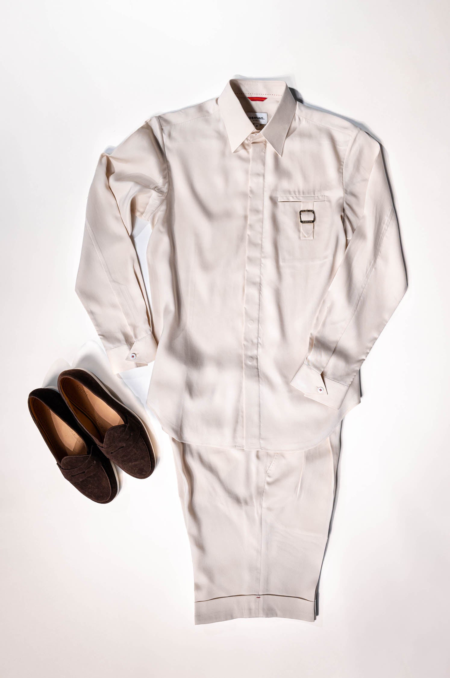 Refined menswear by Osman Abdul Razak – co-ord set featuring Tab Shirt with pointed collar and breathable Ivory Madras Shorts
