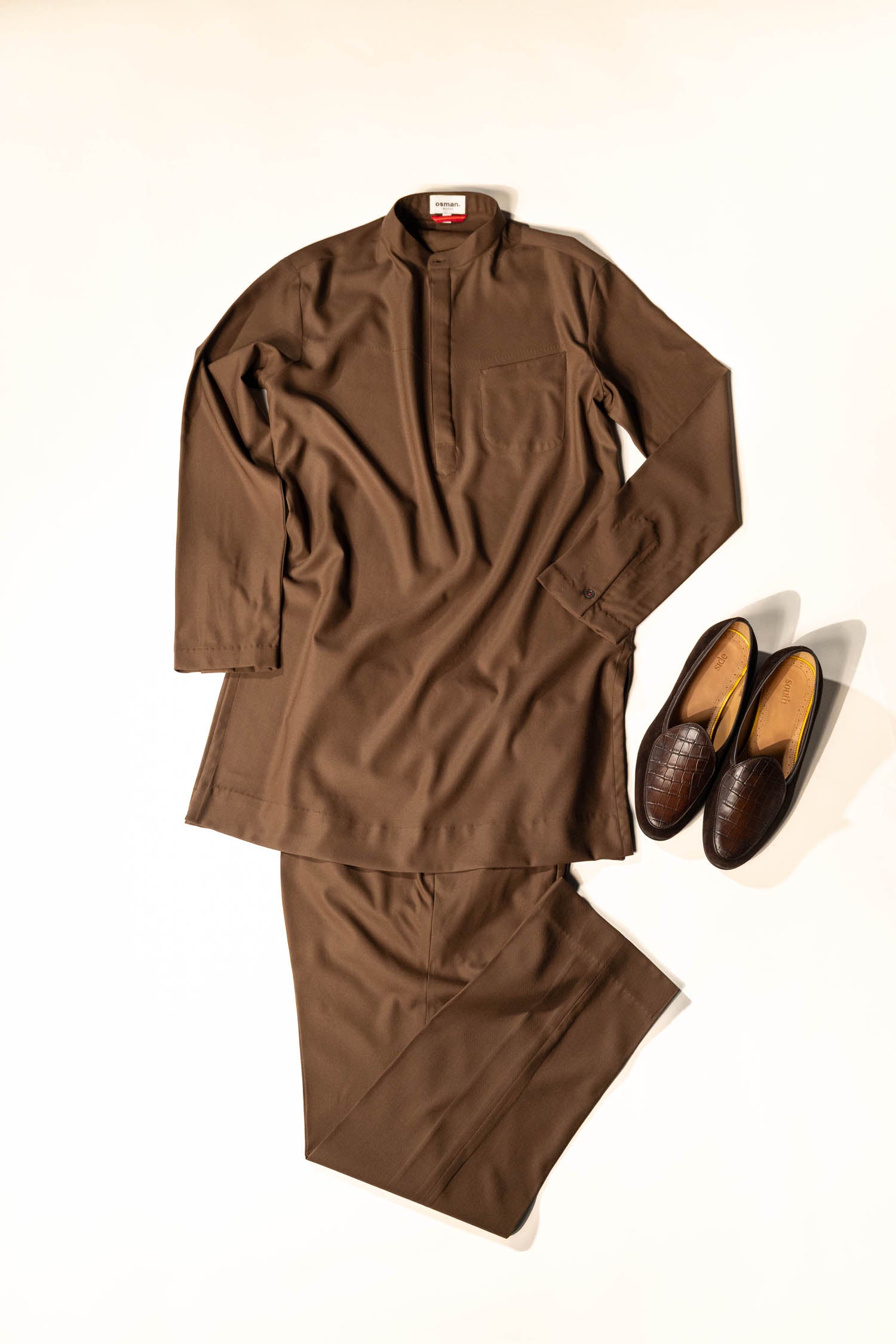 Osman Abdul Razak menswear – Madras Long Shirt with artisanal detailing paired with Olive Ghurkha Trouser in rich military-inspired tailoring
