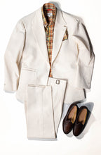 White suit jacket and pants with plaid shirt and shoes on a white background - osman-abdul-razak-menswear